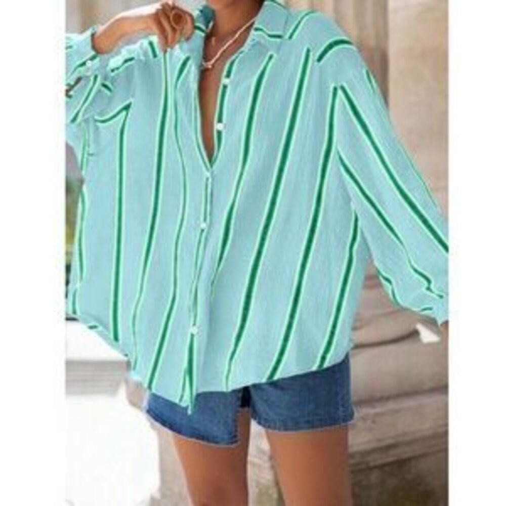 Button-Down Striped Relaxed Shirt - Mint Green - Picture 2 of 5